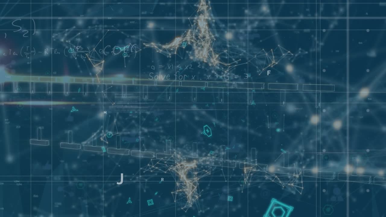 Animation of mathematical equations, dna strand and data processing over black background