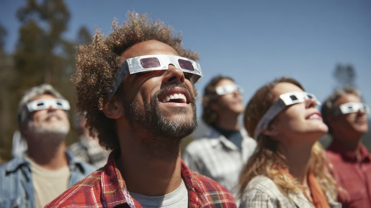 Persone che ammirano un evento celeste con occhiali protettivi, guardando verso l'alto con timore e meraviglia mentre vivono un fenomeno astronomico unico nella natura