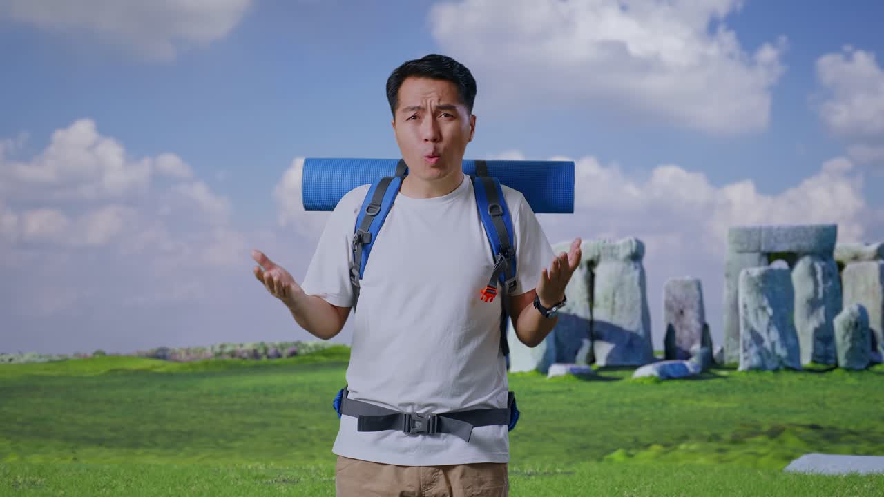 Puzzled Asian Male Hiker With Mountaineering Backpack Making Gestures Doubtfully And Saying Why While Traveling In Stonehenge