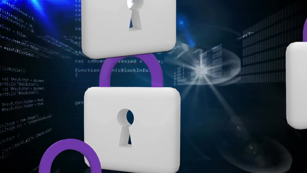 파드락 보안 아이콘을 가진 연결 네트워크의 애니메이션이 바이너리 코딩으로