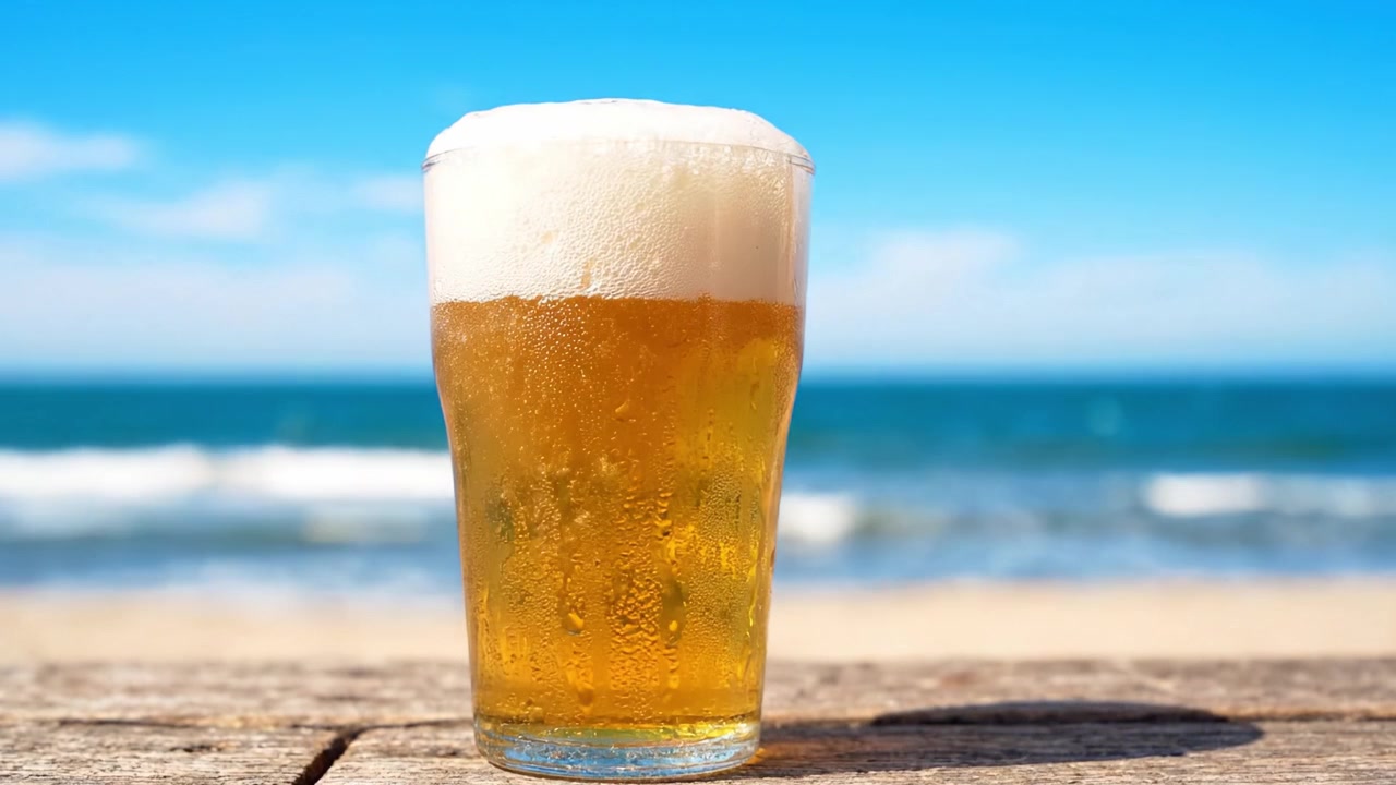 Un'Esperienza Estiva Rinfrescante: Una Birra Fredda Versata in un Bicchiere in Spiaggia, Catturando l'Essenza del Relax e del Piacere in Riva all'Oceano