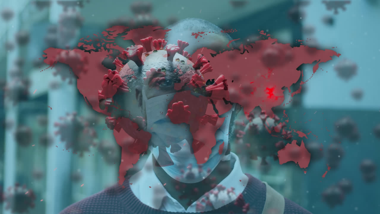 animação de mapa do mundo e células de vírus sobre homem usando máscara facial