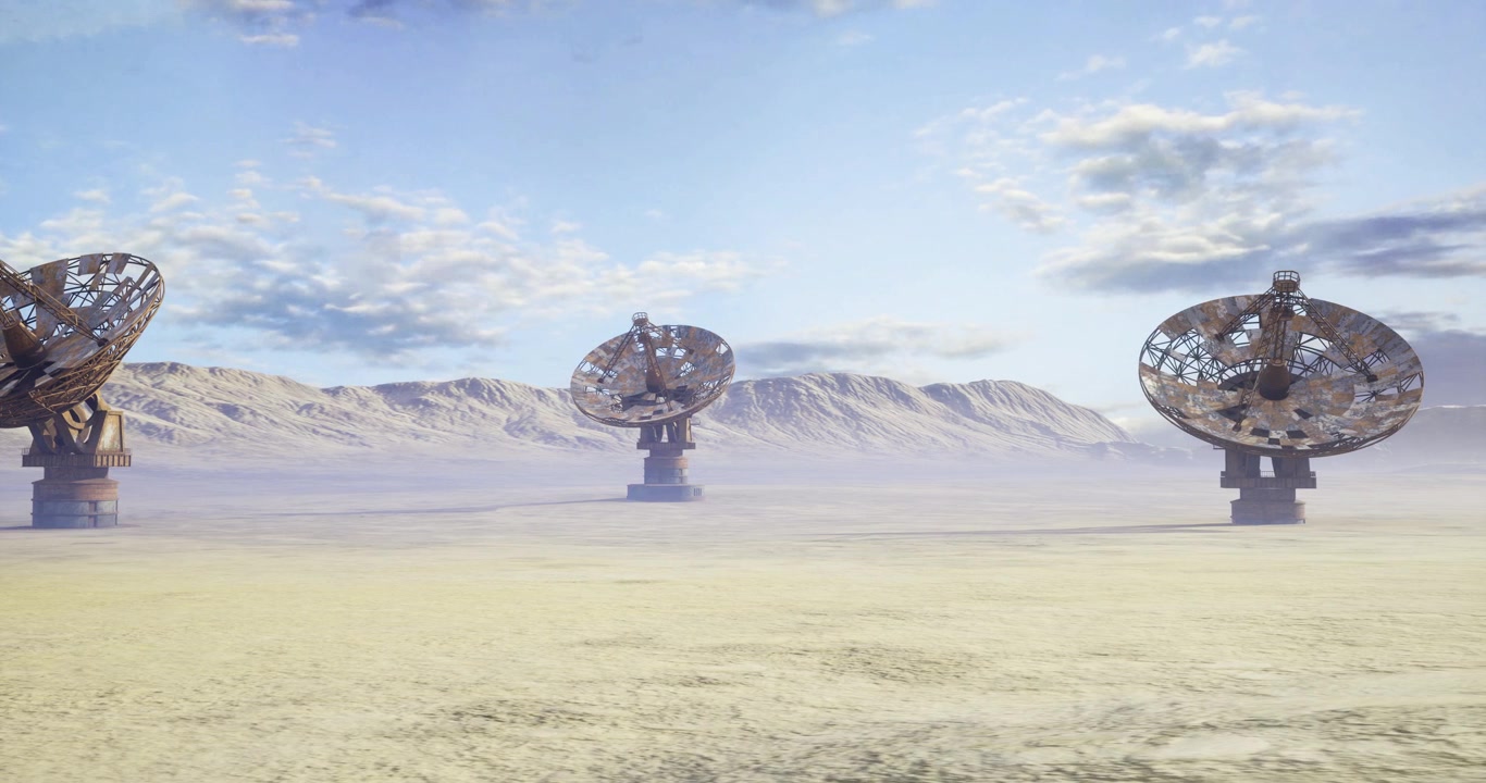 Dystopian film set with enormous satellite dishes and dramatic scenery