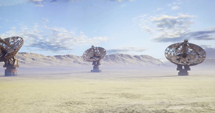Dystopian film set with enormous satellite dishes and dramatic scenery