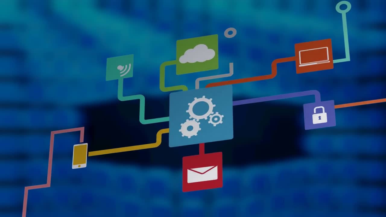 Animation of network of connections with icons over digital screens