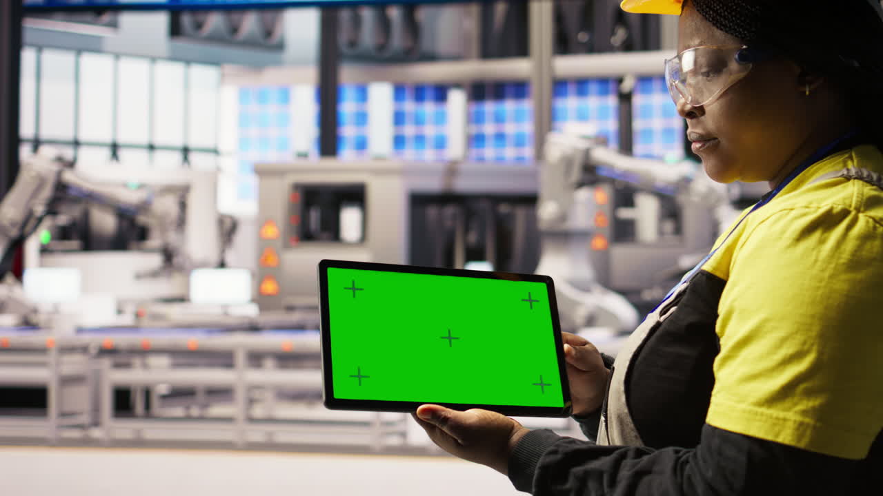 Vertical video Smart factory specialist using green screen tablet to test automated systems