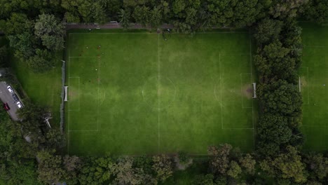 empty football field surrounded by lush green forest aerial drone view