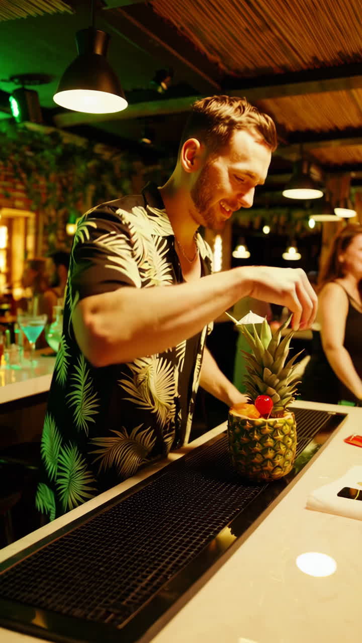 Barman che prepara cocktail tropicali in una discoteca.