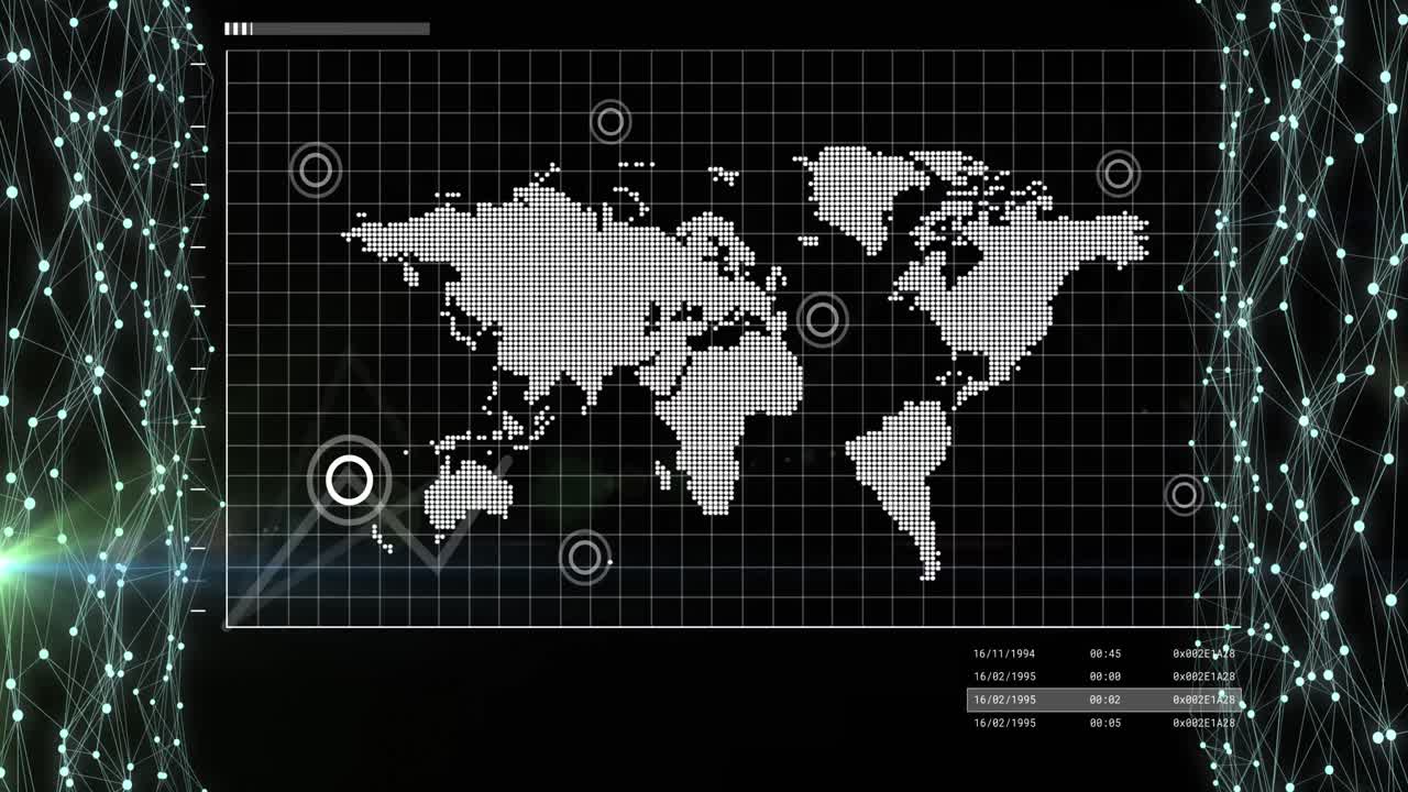 animación del mapa del mundo, redes de conexiones y procesamiento de datos