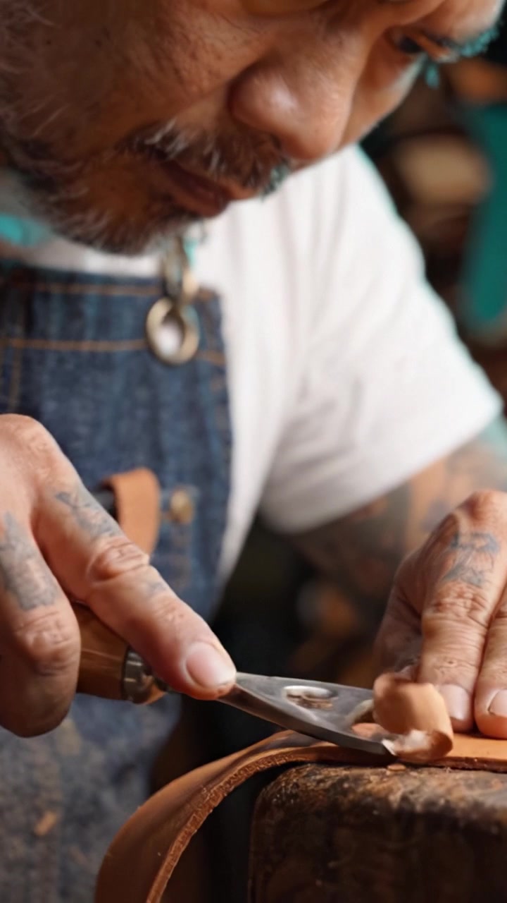 Craftsman Focused on Precision Leatherwork, Utilizing Tools to Create Fine Products in a Skillful Display of Artistry and Attention to Detail in Each Frame.