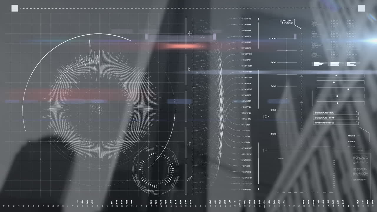 디지털 인터페이스와 데이터 처리 배경에 높은 건물에 대해