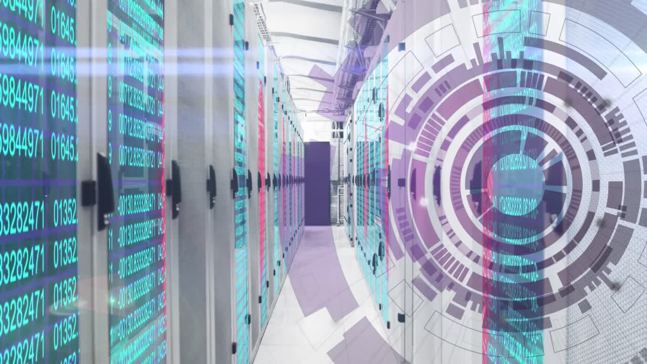 animación del reactor de arco y cambio de números sobre bastidores de datos en la sala de servidores