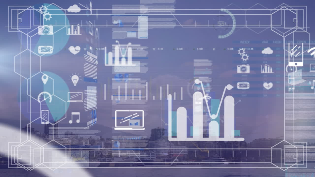 Animation of data processing with city in background