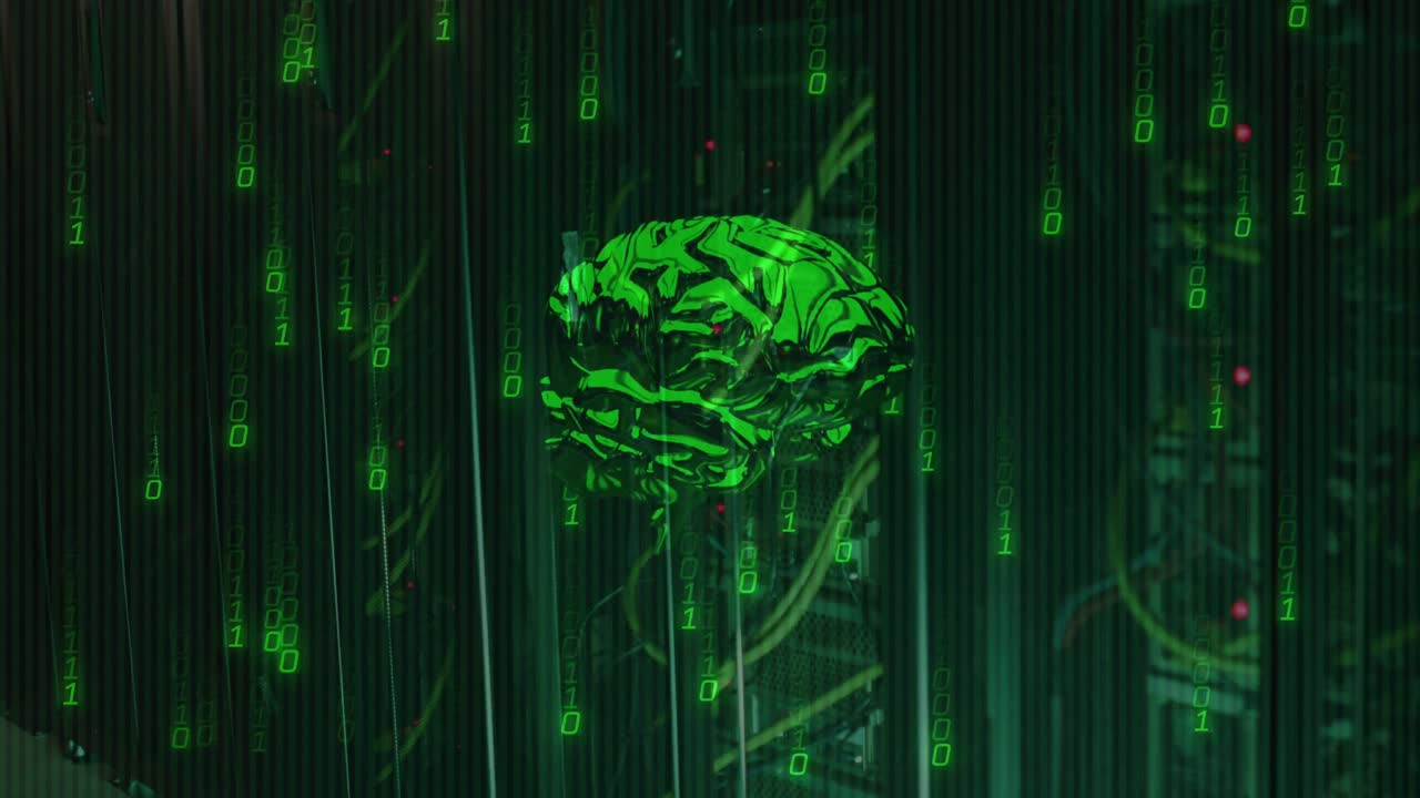 Animation of data processing and digital brain over server room