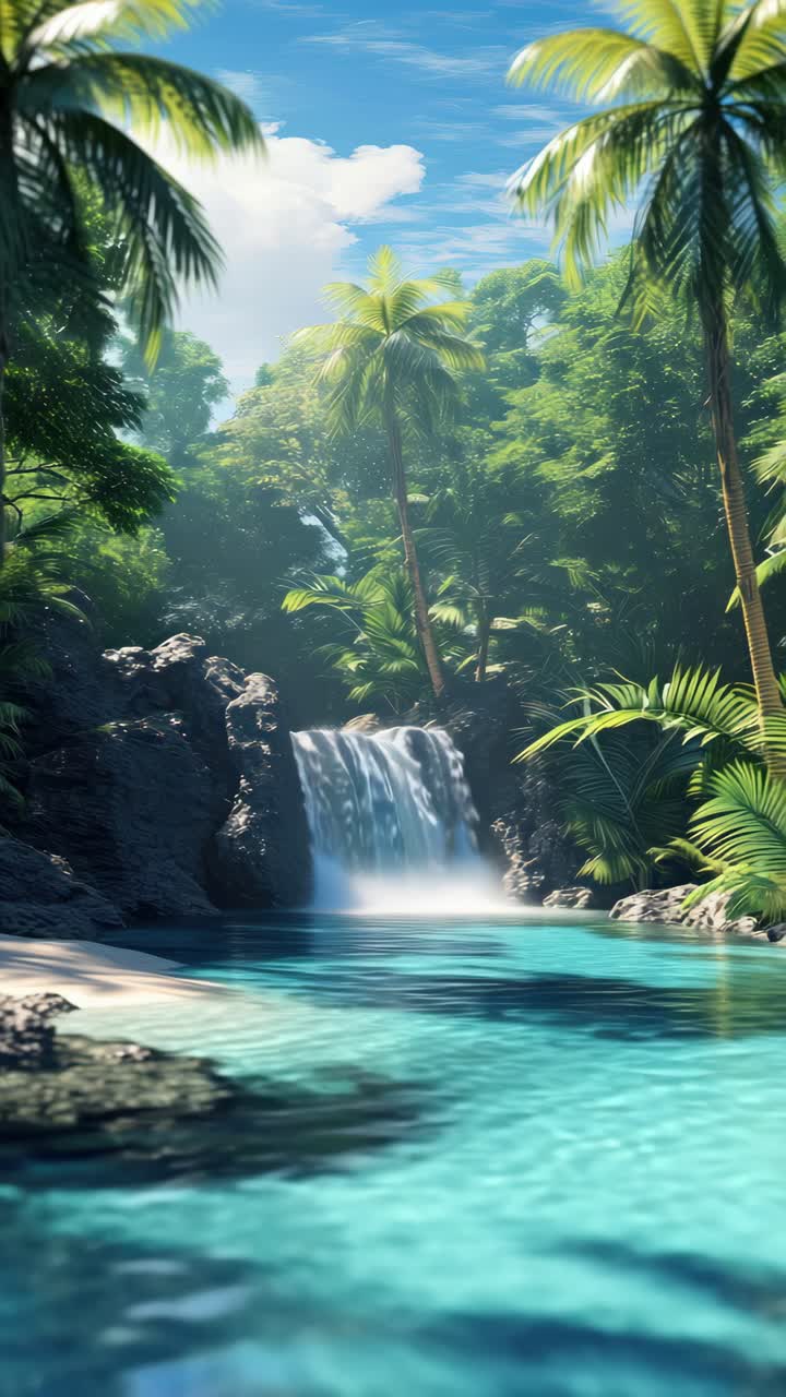 Una serena cascata tropicale con vegetazione lussureggiante, ripresa da un'angolazione bassa