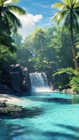 a serene tropical waterfall with lush greenery, captured from a low angle
