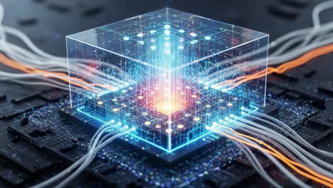 a futuristic quantum computing core illuminated by pulsating energy and data transmission cables, symbolizing advanced technology and endless possibilities in computing
