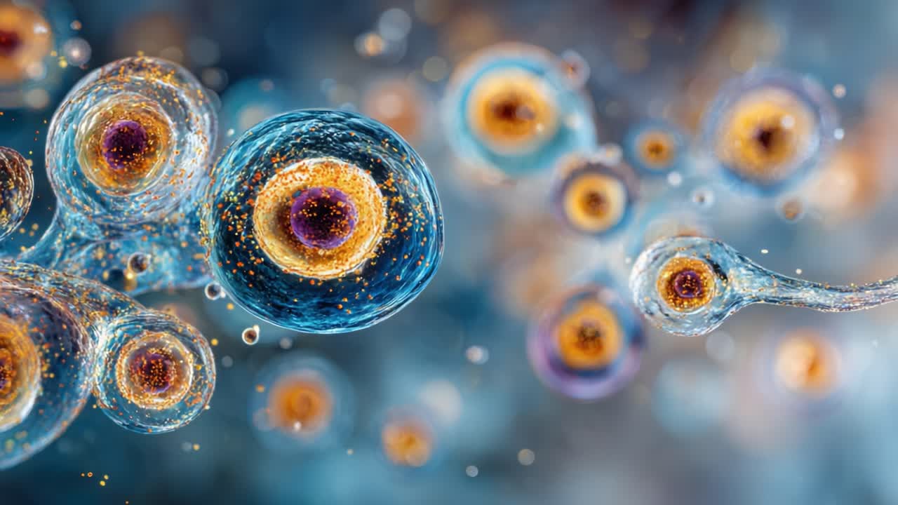 A Stunning Close-Up View of Vibrant Cells Displaying Intricate Structures and Unique Features, Capturing the Beauty of Microbiology and Cellular Life Forms in Motion