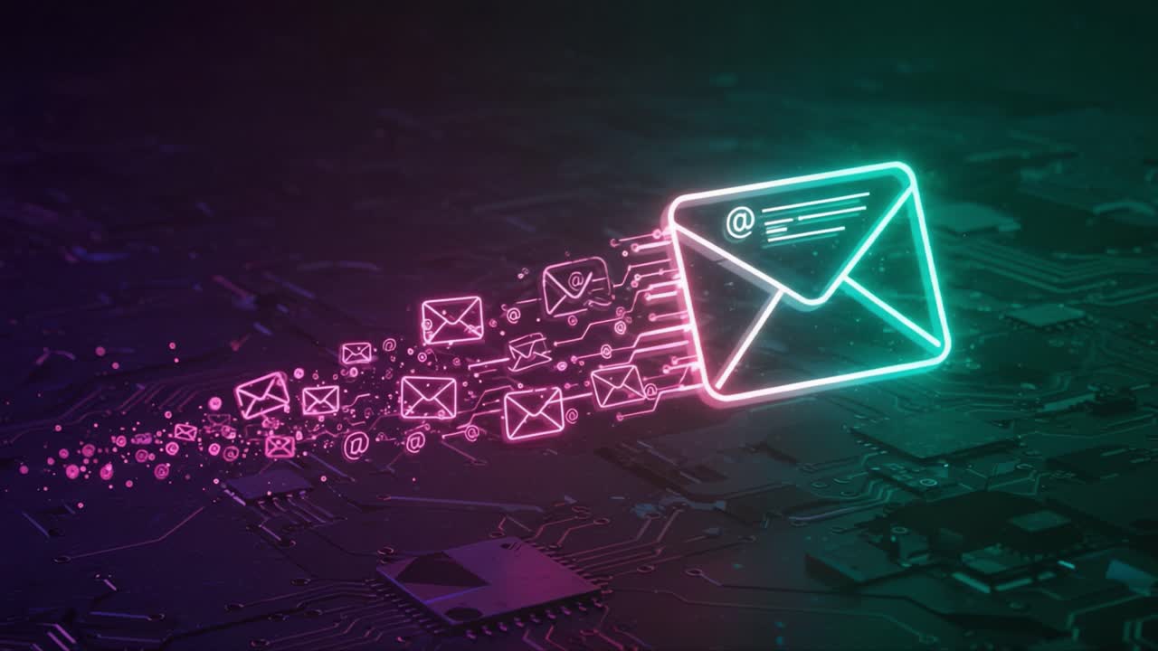 Un concetto futuristico di email che mostra il flusso dinamico della comunicazione digitale attraverso buste illuminate al neon su uno sfondo di circuito digitale.