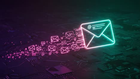 a futuristic email concept showcasing the dynamic flow of digital communication through neon-illuminated envelopes on a digital circuit background