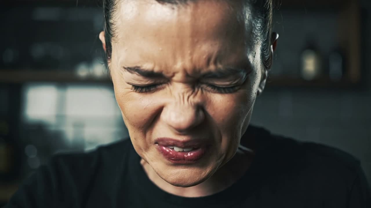 Lifting small glass adult woman tasting amber shot at kitchen counter, grimacing from harsh sip