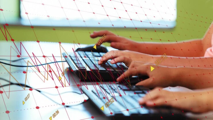 Animation of data processing against mid section of kids using computer at school