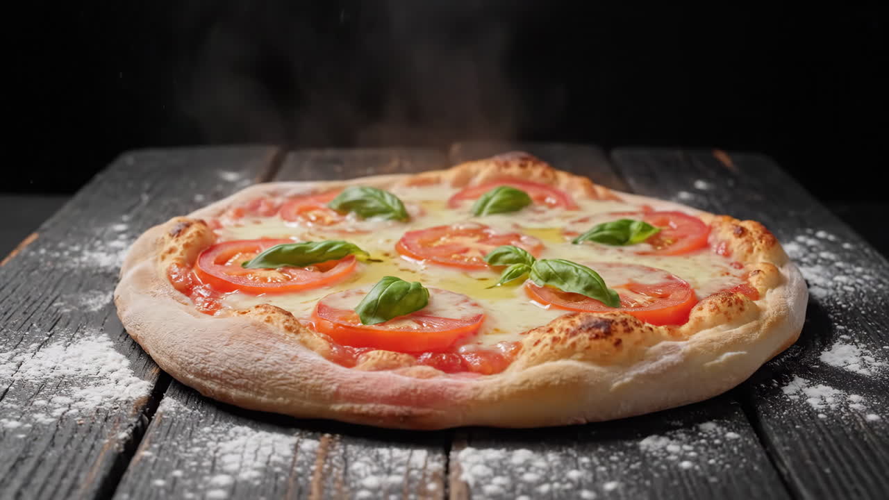 Pizza Margherita recém-assada com vapor em uma mesa de madeira rústica