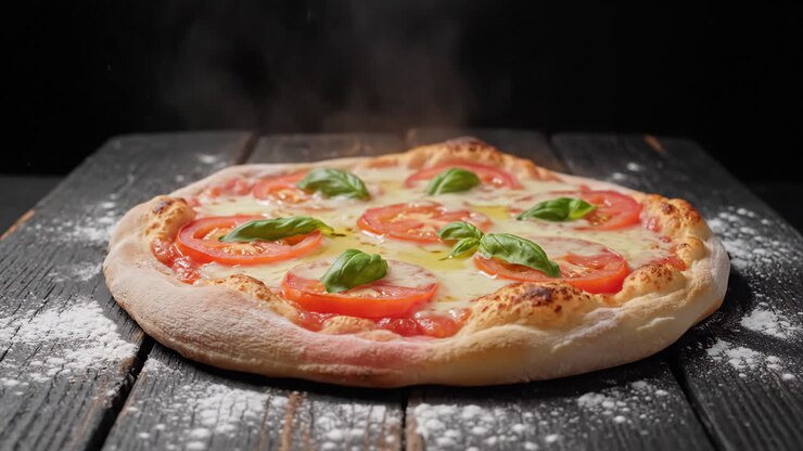 Pizza Margherita appena sfornata con vapore su un tavolo di legno rustico