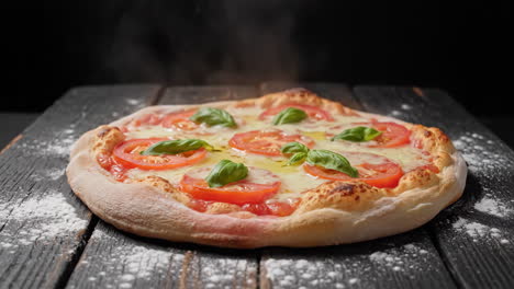 freshly baked margherita pizza with steam on a rustic wooden table