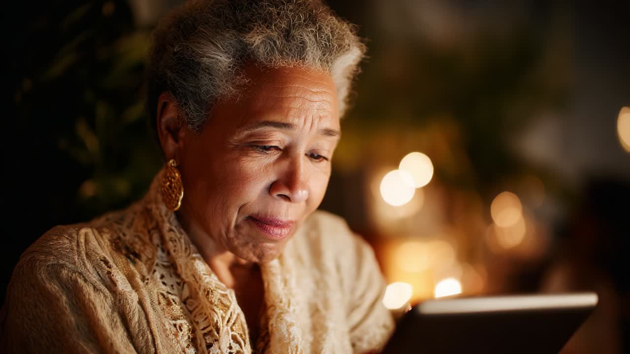 Captivated by Digital Pages: An Elderly Woman Engaged in Reading on a Tablet Device in a Cozy, Dimly Lit Environment Surrounded by Soft Lights and Warm Ambiance, Radiating Serenity and Insight