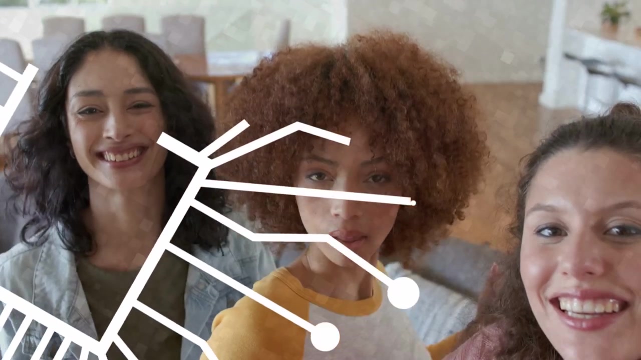 Three women posing for camera, overlay appearing from left forming AI brain, showcasing tech