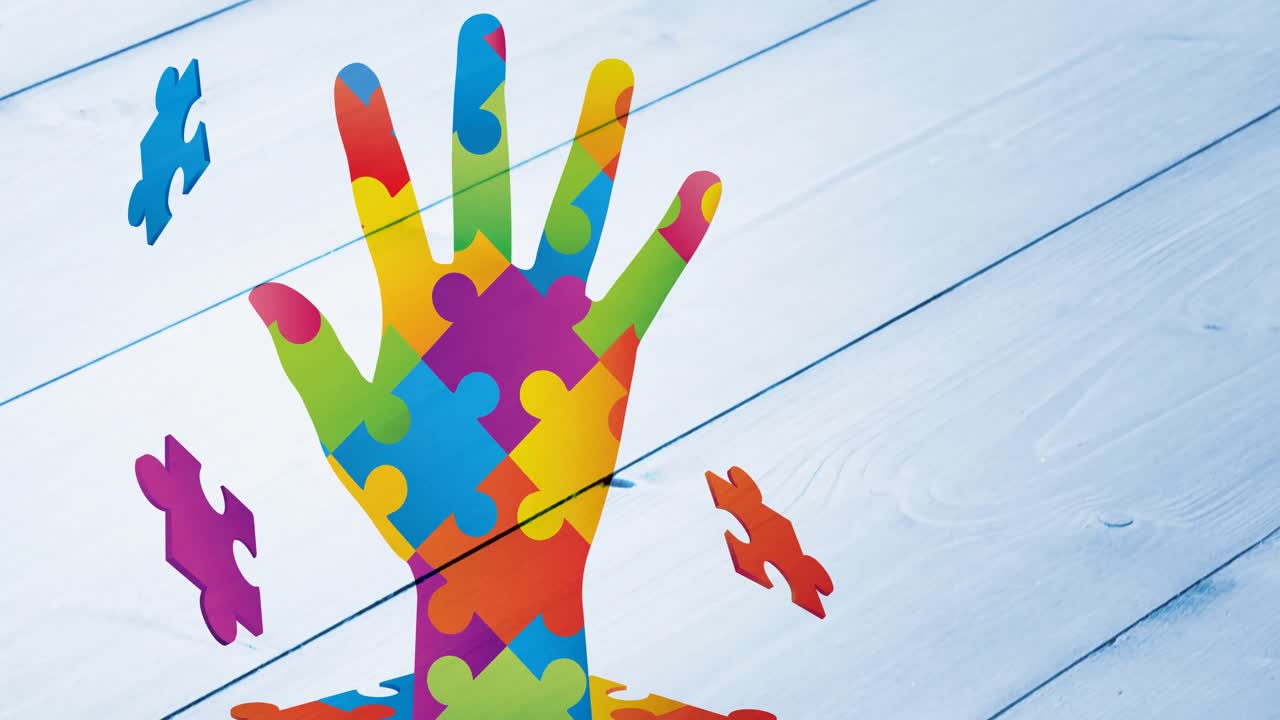 자폐증 인식 달의 손의 애니메이션  ⁇  나무 배경에 퍼즐