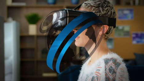animación de globo y círculos sobre mujer de negocios caucásica usando auriculares vr