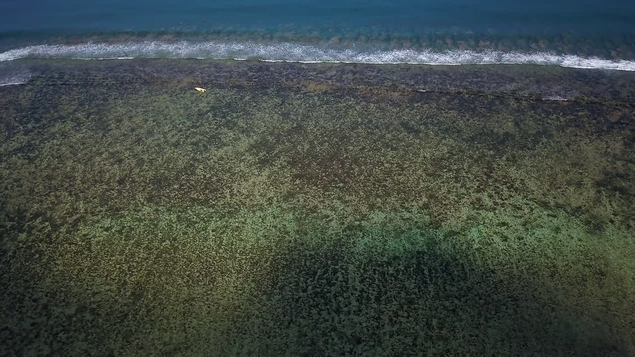 Ripresa con drone in ascesa e panoramica verso il basso sulla barriera corallina con le ombre delle nuvole in movimento