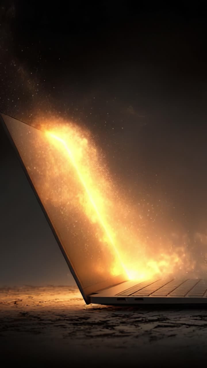 A mesmerizing visualization of digital transformation emanating from a glowing laptop, showcasing an explosion of golden particles that symbolize creativity and innovation in technology