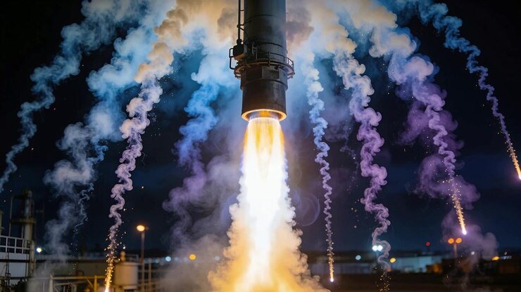 Starting ignition rocket nozzle producing plume at night test pad, with blue-purple smoke for test