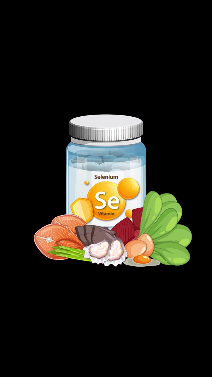 Flacone di vitamine al selenio con verdure, frutti di mare e carne che appaiono gradualmente, su sfondo nero, formato verticale