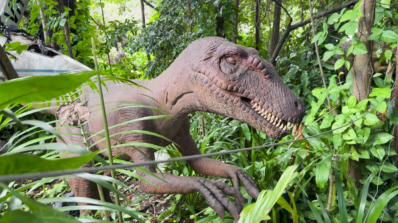 Animatronic Tyrannosaurus moves head among dense greenery, natural daylight, steady camera, immersive jungle atmosphere