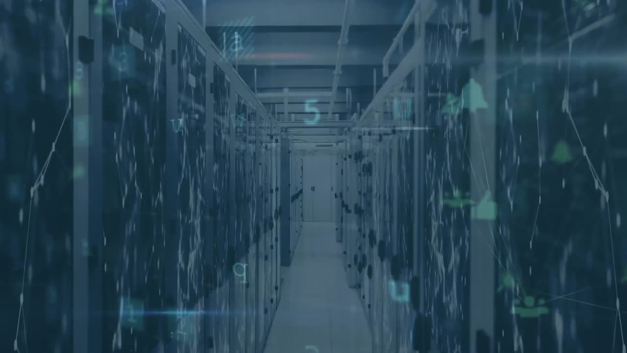 animación de textos, letras, números y símbolos sobre puntos conectados en la sala del servidor