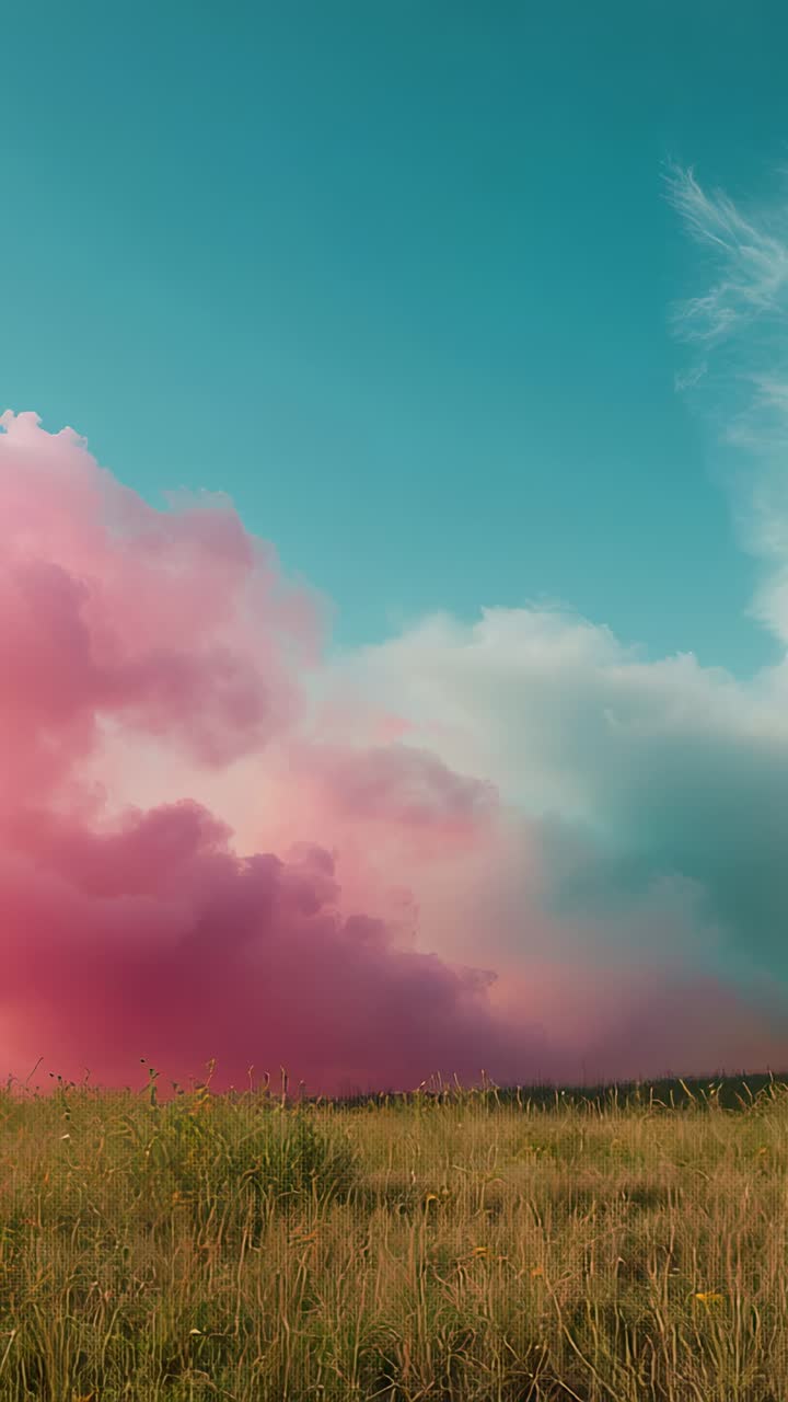 Vertical video: Drifting pink cloud and dry grass rippling from light breeze at meadow horizon