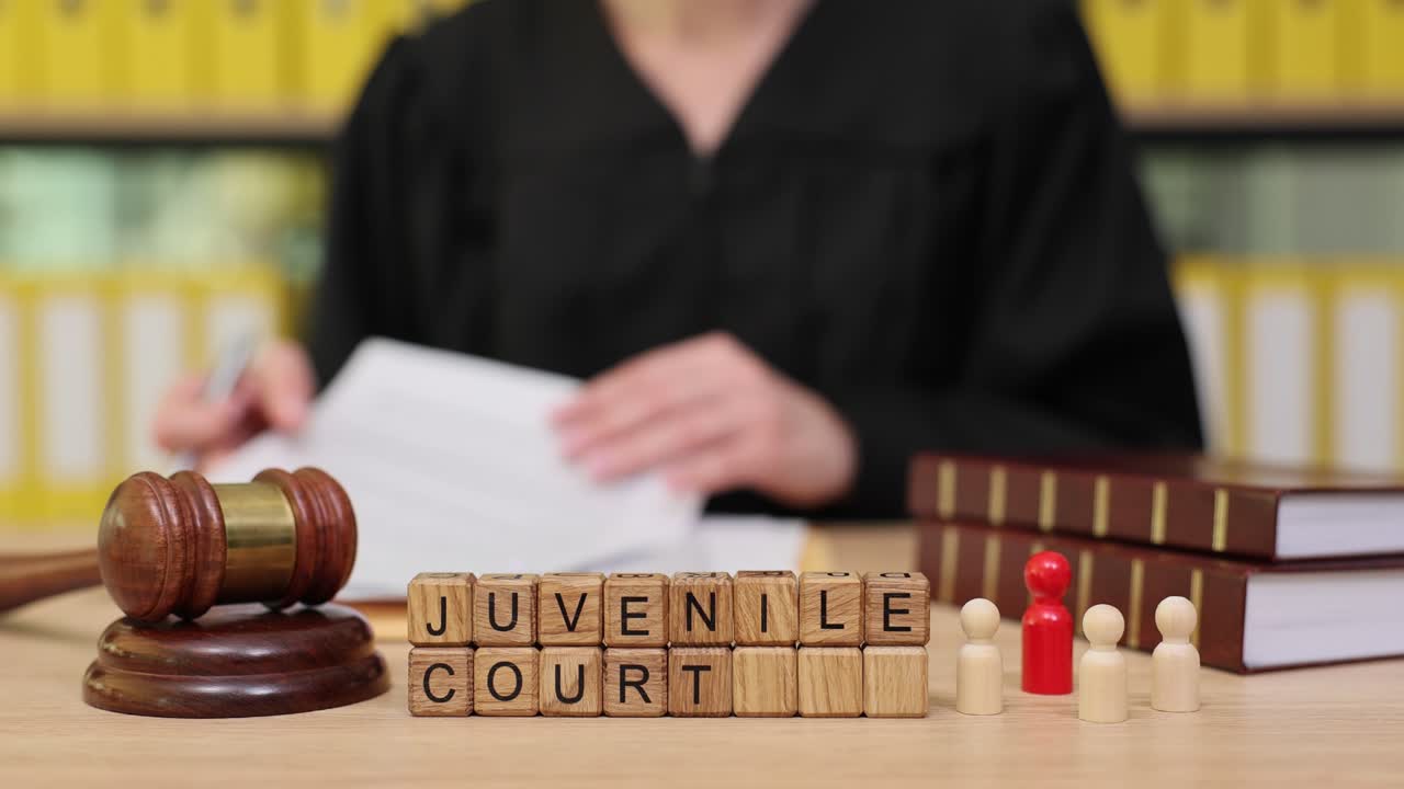 Juvenile Court Scene with Judge, Gavel, and Law Books