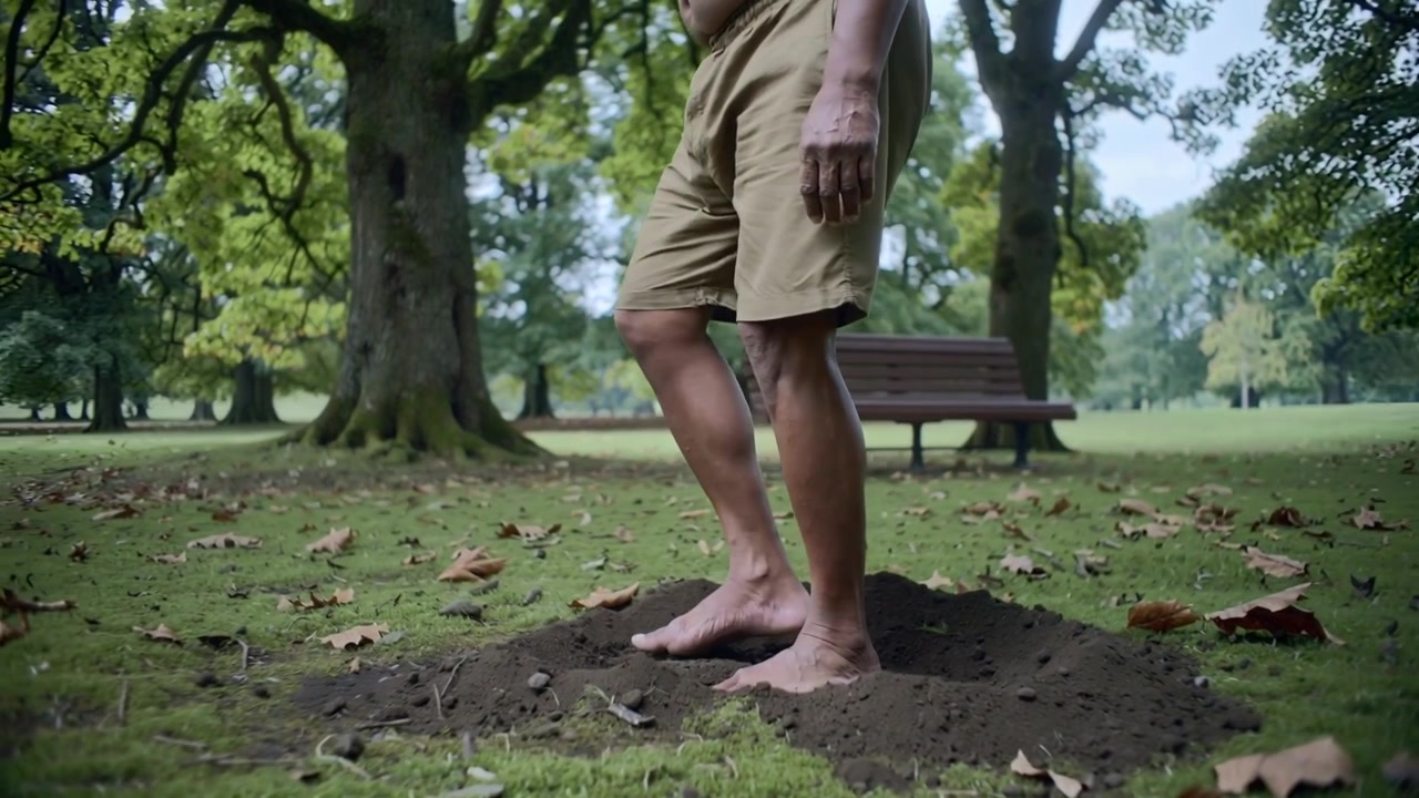 Shifting barefoot man in tan shorts testing balance after stepping onto loose soil mound in park