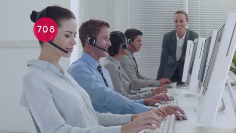 Animation-of-numbers-changing-over-business-people-wearing-phone-headsets