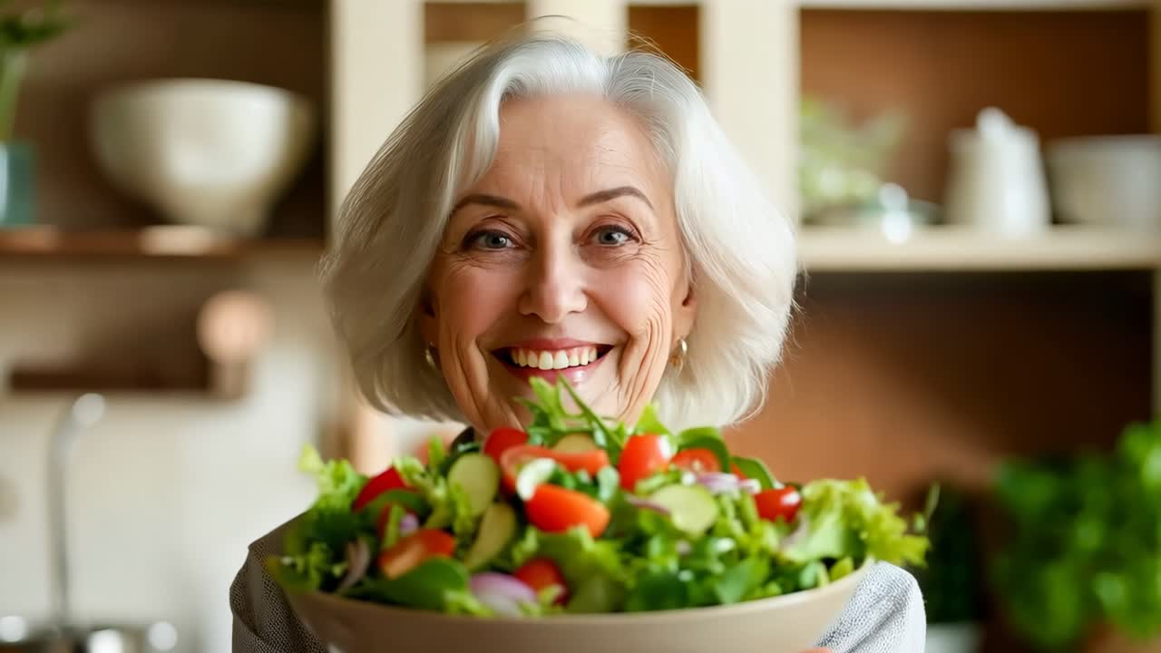 A woman holding a bowl of salad in her hands