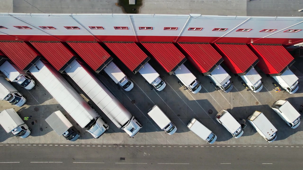 Vista aérea de camiones cargando en un almacén de distribución