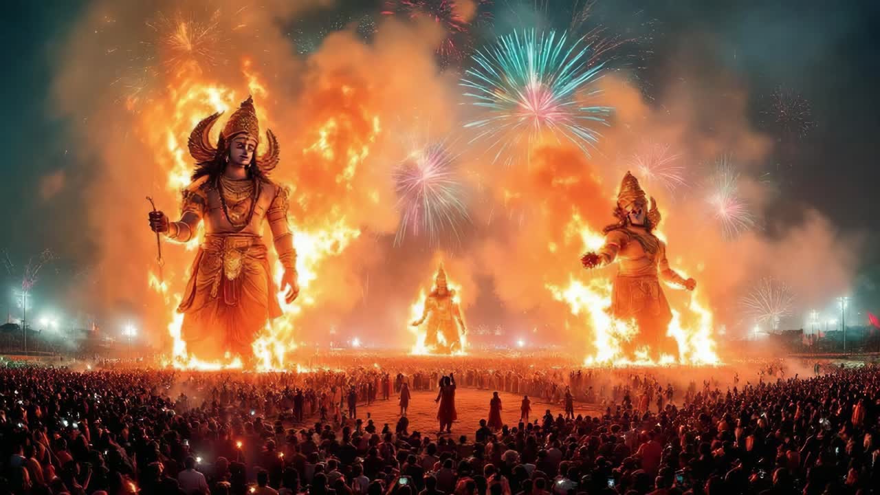 Majestic scene of towering statues engulfed in flames, surrounded by a captivated crowd, with vibrant fireworks illuminating the night sky, showcasing a grand celebration of culture and tradition