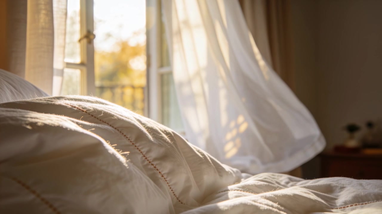 Una tenda che ondeggia, mossa da una brezza calda proveniente da una porta aperta, con la luce che si sposta su trapunta, piumone e cuscino in casa.