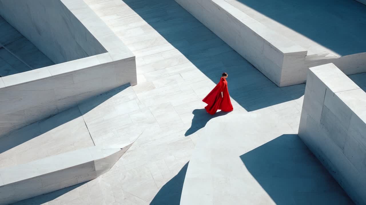 A Majestic Figure Draped in a Vibrant Red Cape Navigates an Abstract Architectural Landscape of Geometric Forms and Shadows, Creating a Striking Visual Contrast Against the Monochromatic Background