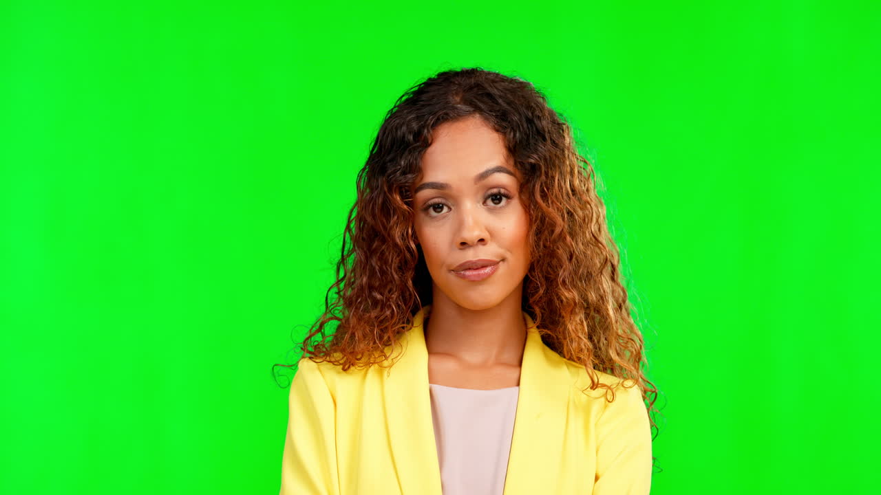 Green screen, annoyed and face of woman in studio