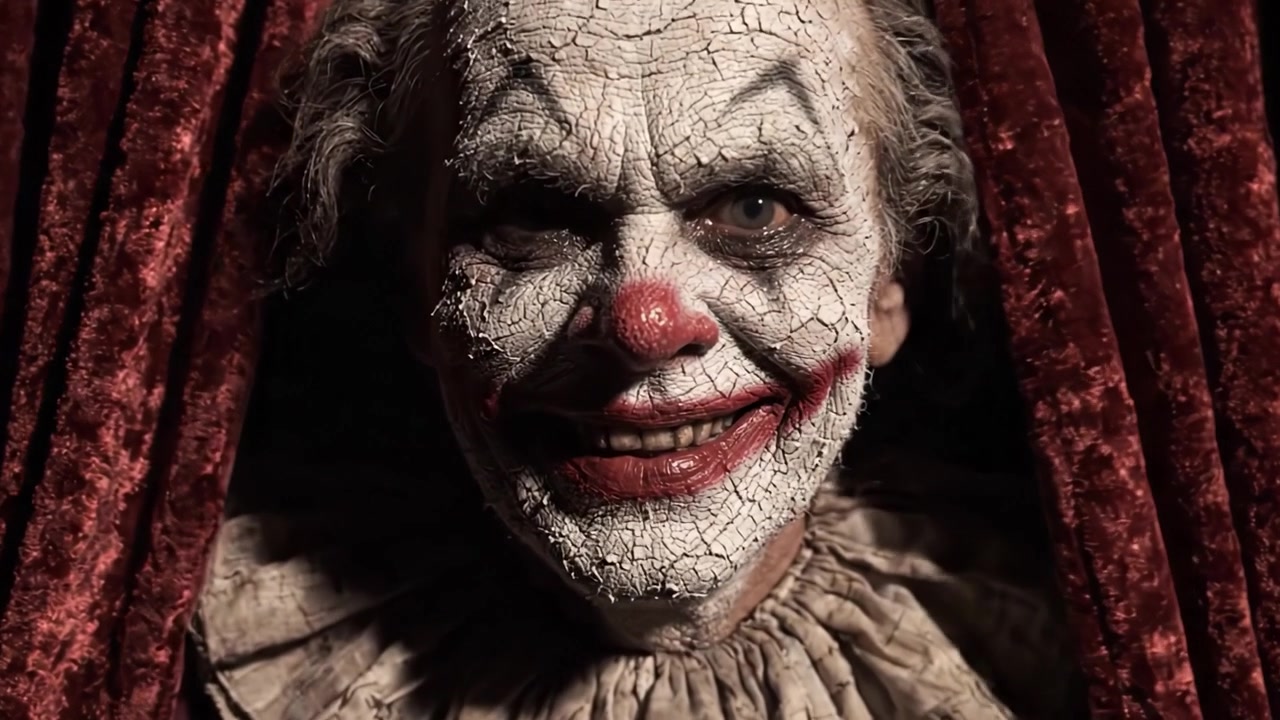 Un clown misterioso emerge dalle ombre, dietro tende di velluto, evocando intrigo e paura con un ghigno sinistro e un trucco inquietante, perfetto per un tema horror